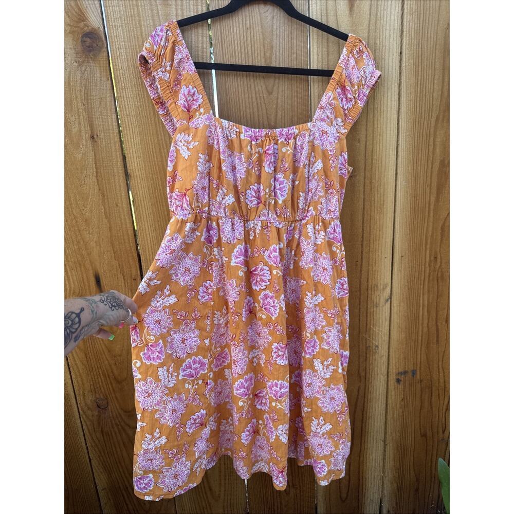 Old Navy Size L Tall Mini Dress Orange Pink Floral Tie in back flows lined